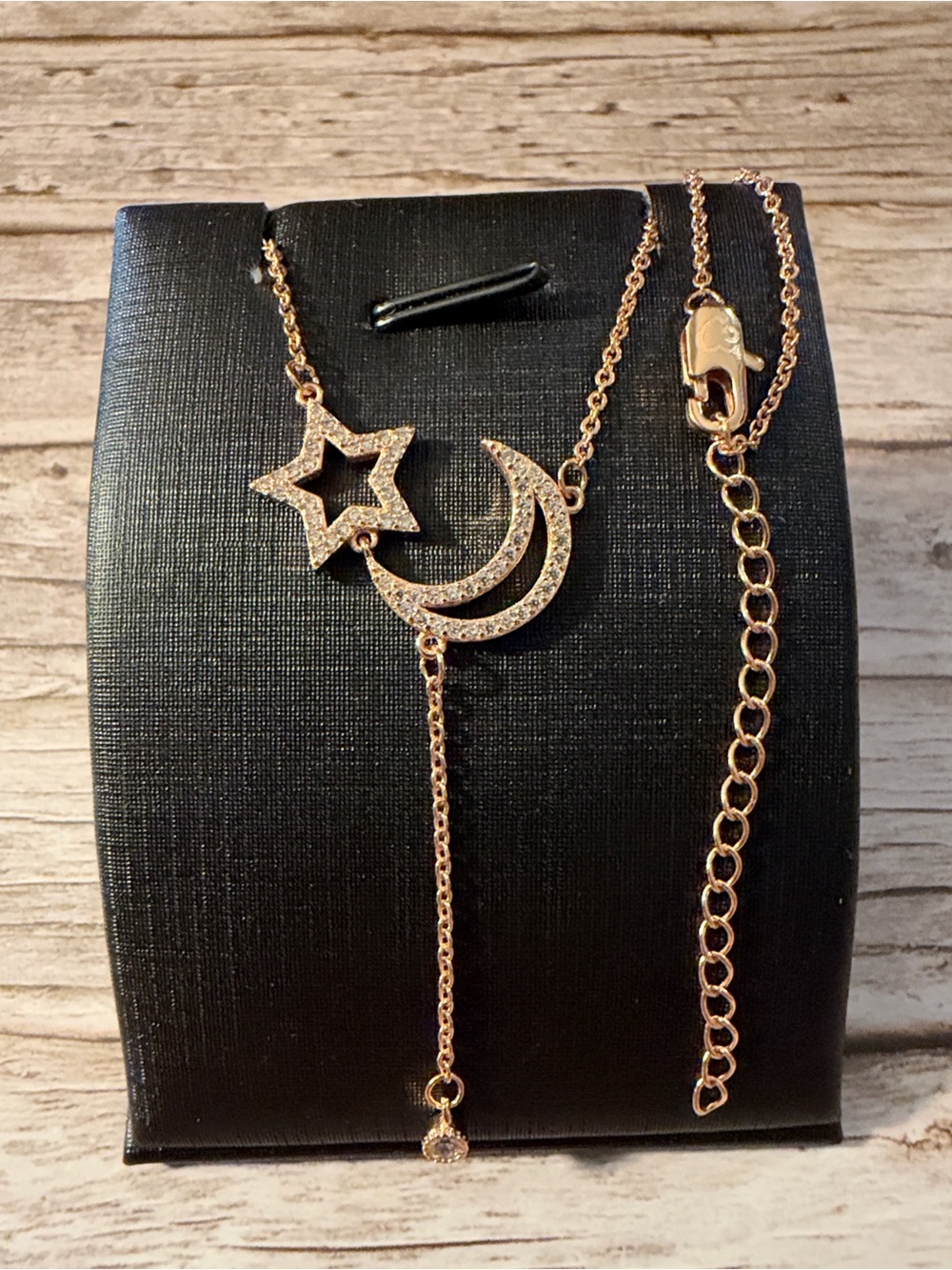 Gold Plated Moon and Star Necklace with Rhinestones in Rose gold